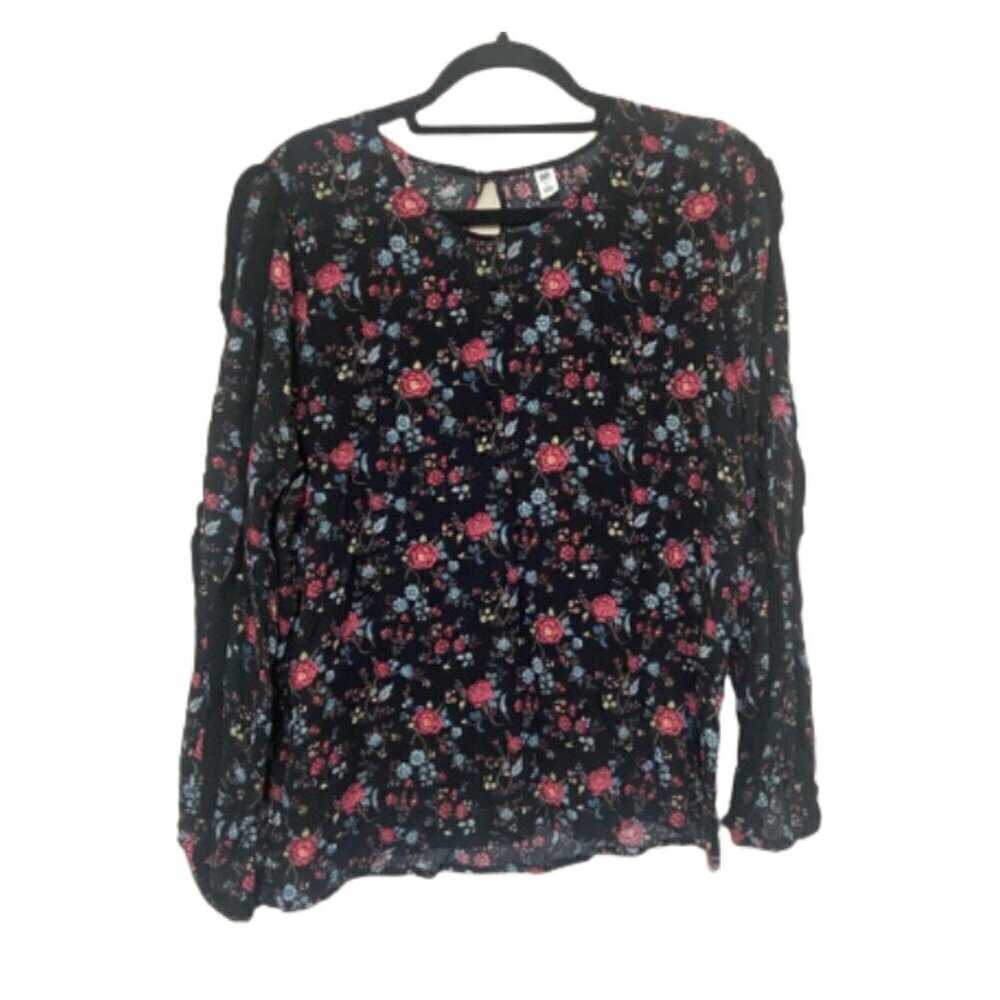 BP NWT black fall floral ruffle sleeve keyhole back blouse size L